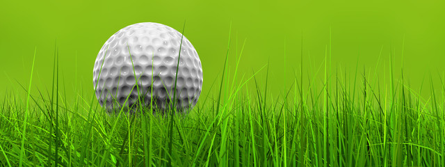 Green 3d conceptual grass background with a white golf ball banner