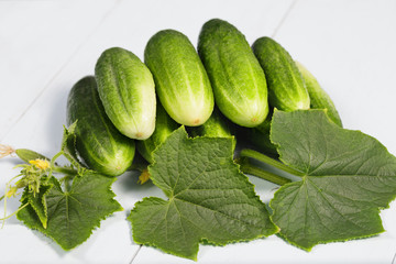 Cucumbers with leaves on wooden table