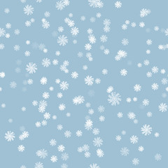 Winter snow vector brush seamless pattern with white snowflake created with illustrator ink paintbrush on blue background