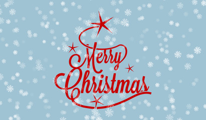 Merry Christmas greetings card with white snowflakes created by illustrator ink brush on blue background