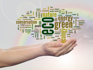 Fototapeta premium Conceptual ecology word cloud over rainbow