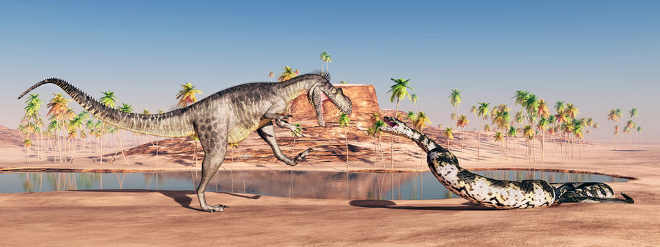Megalosaurus and Titanoboa attacking each other