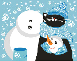 black cat sculpts snowman holiday