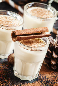 Eggnog with milk, cinnamon, grated nutmeg, decorated with fir co