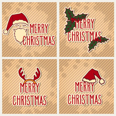 Set of Christmas hand drawn doodle greeting cards with hand written Merry Christmas words over striped vintage brown background with ink blots.