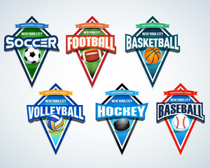 Sport team logo emblems, badge, pennants, t-shirt apparel design templates set. Soccer, American football, Basketball, Volleyball, Hockey, Baseball. Vector abstract isolated illustration