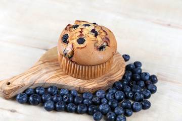Blueberries muffin on wooden background