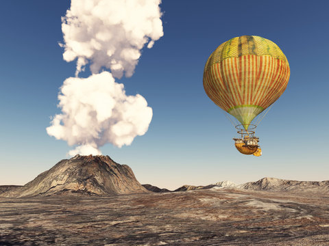 Fantasy hot air balloon over a volcanic landscape