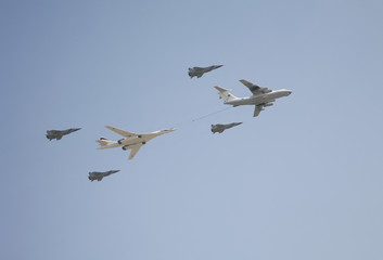 The span of the supersonic strategic bomber-rocket carrier TU-160 White Swan (Blackjack), tanker...