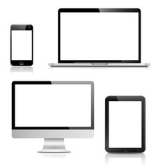 All generations of personal devices (LCD monitor of desktop computer, tablet PC, laptop PC and smart phone) with empty LCD screens isolated on white background