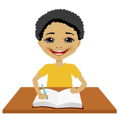 cute little black student boy writing