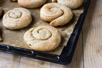 Potato-filled burek on oven-tray