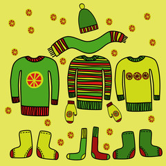 Warm clothes Set. Hats, scarves, socks, boots, mittens, sweater.