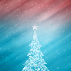 Beautiful snowflake Christmas tree with star shape and bright and shiny cyan blue and purple red color background with blurry snowflakes. Christmas Holiday illustration copy space background.