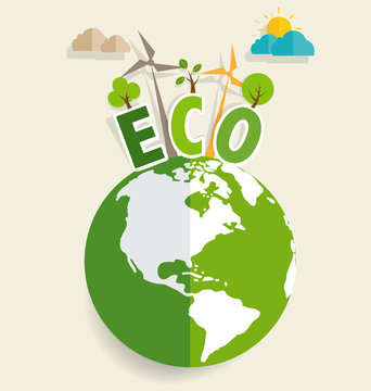 ECO FRIENDLY. Ecology concept with Green Eco Earth and Trees. Ve