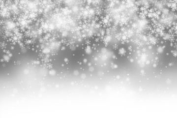 Modern blurry silver abstract snowflake Christmas illustration white copy space background. Beautiful Christmas or New year Holiday snowfall greeting card background.