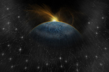 Planet landscape in space/Explosion planet in space. Digital retouch.