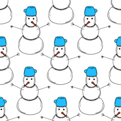 Cartoon Style Hand Drawn Snowman Seamless Pattern