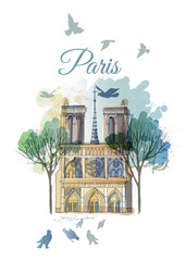 Notre Dame. watercolor vector background of Paris