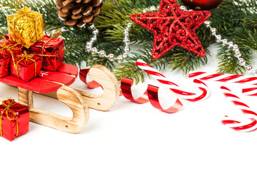 Bright christmas composition with sledge