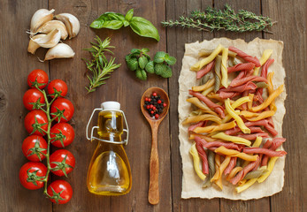 Whole wheat pasta, vegetables,  herbs and olive oil