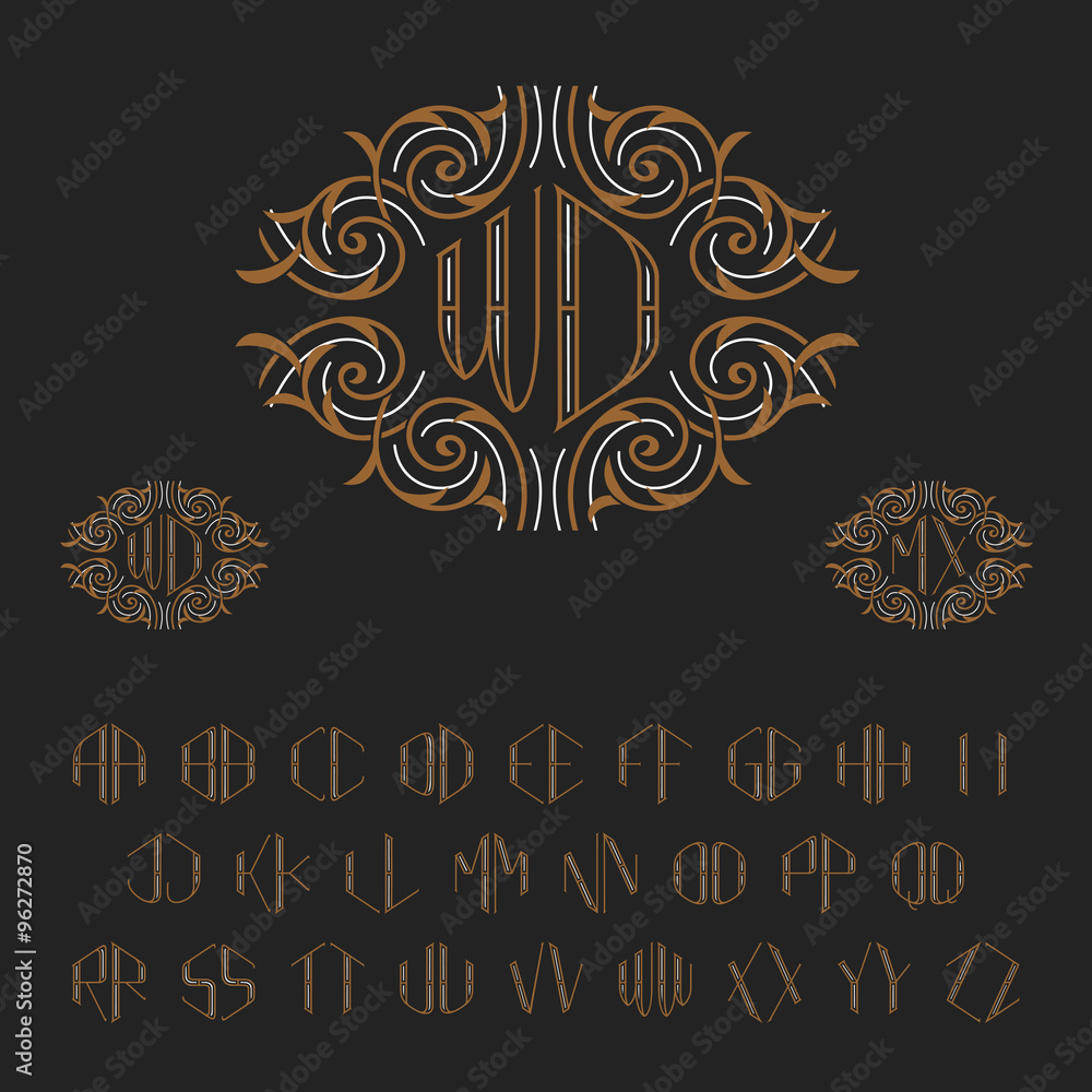 Poster template for two letters monogram. set of vector letters from a to z. luxury set of stylish elegant 