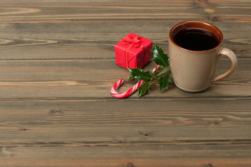 Mug Of Hot Tea Or Coffee. Christmas Decorations. Space for Text.