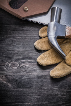 Collection of hack-saw claw hammer working leather gloves