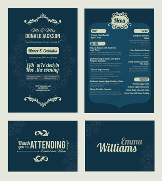 Vector Elegant Blue Dinner Coctails Party Invitation Set. Invite, menu, thank you, place card, event collection