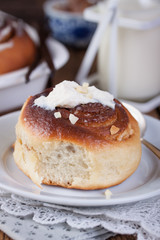 Homemade glazed cinnabons with cinnamon and almonds, american kitchen. ..
