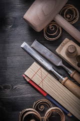 Firmer chisels planer wood shavings pencil wooden plank mallet