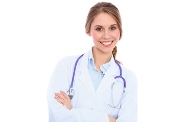 Friendly smiling young female doctor, isolated over white background