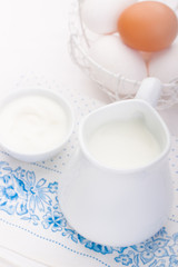 Composition with milk, yoghurt and eggs. Soft focus