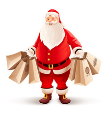 Merry Santa Claus with shopping bags buys gifts and sweets for