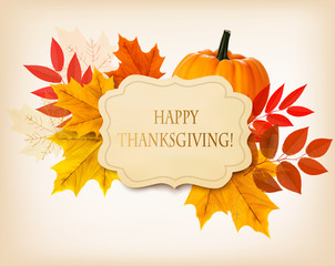 Happy Thanksgiving background with colorful autumn leaves and a