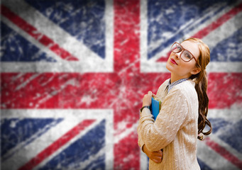 Student girl on english union jack blurred background