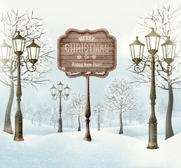 Christmas winter landscape with lampposts and wooden sign. Vecto