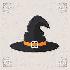 Witch hat icon. Cartoon cute old wizard hat. Halloween illustration isolated on stylized gray background. Vector illustration