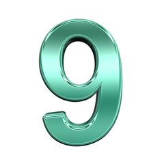 One digit from shiny turquoise alphabet set, isolated on white. Computer generated 3D photo rendering.