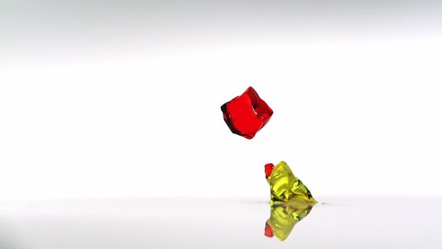Jello falling and bouncing shooting with high speed camera.