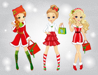 Beautiful Girls Dressed As Santa Claus Shopping