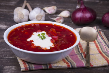 Red beet soup, borscht on the table