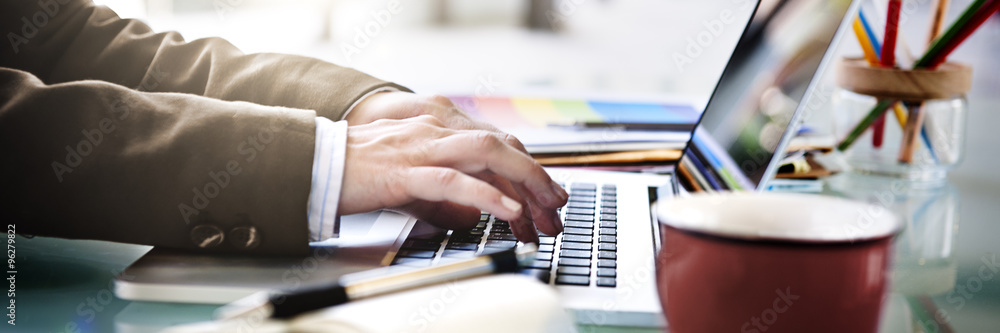 Poster businessman working typing using notebook concept