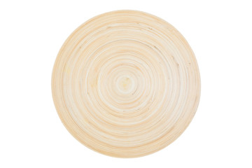 Empty wooden plate isolated on white background, top view