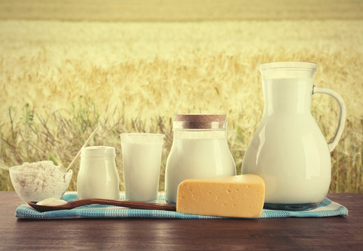Dairy products on wooden table on field background