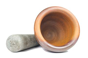 Mortar and pestle made of clay isolate on white
