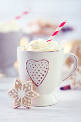 Beautiful composition with cup of cappuccino and Christmas cookies