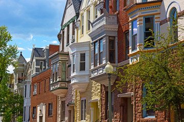 Luxury townhouses of US capital in spring. Colorful townhouses near Dupont Circle in Washington DC.
