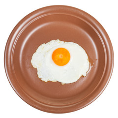 top view of fried egg on brown plate isolated