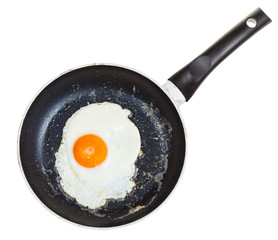 top view of one fried egg in black frypan isolated